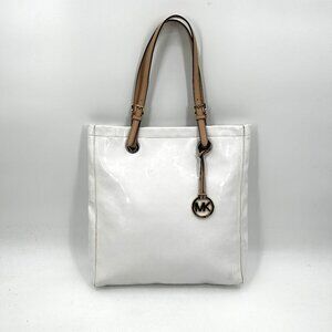MICHAEL KORS White Jet Set Patent Leather Monogram Embossed Large Tote Purse